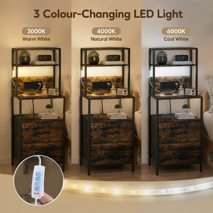 Bedside Table with Charging Station and LED Light Strips, Industrial Nightstand with 2 Drawers, Bedside Cabinet for Living Room Bedroom, Rustic Brown