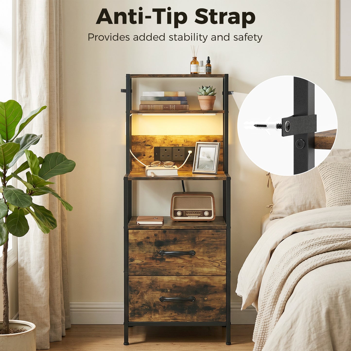 Bedside Table with Charging Station and LED Light Strips, Industrial Nightstand with 2 Drawers, Bedside Cabinet for Living Room Bedroom, Rustic Brown