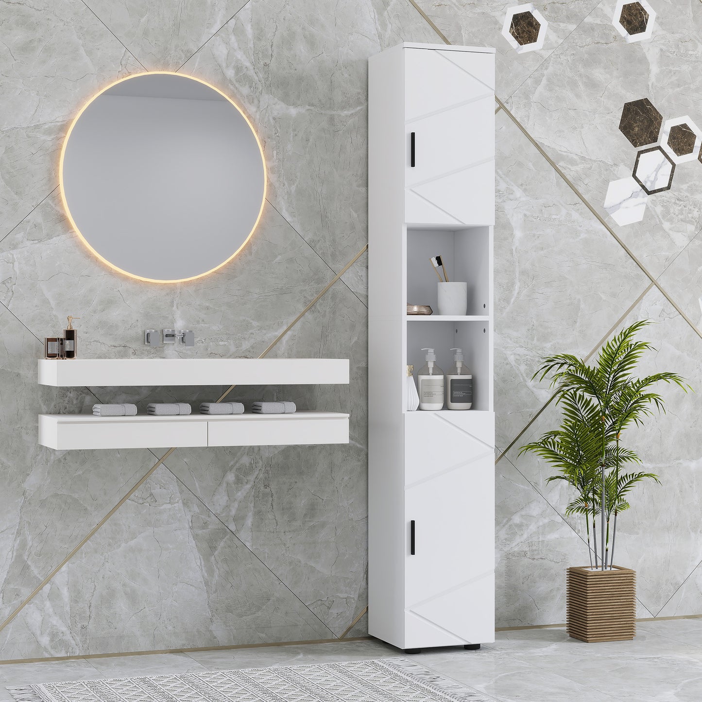 kleankin Tall Bathroom Storage Cabinet with Soft Close Mechanism, White
