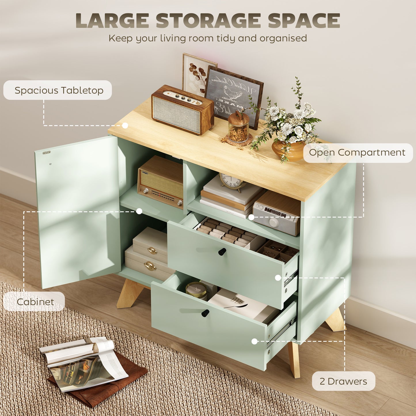 Sideboard, 80 cm Buffet Cabinet with 2 Drawers, Light Green and Oak