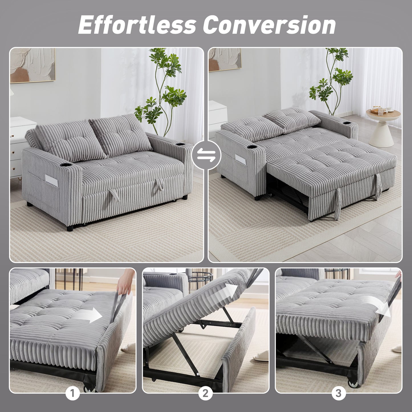 2 Seater Sofa Bed, Click Clack Pull Out Bed Settee, Light Grey