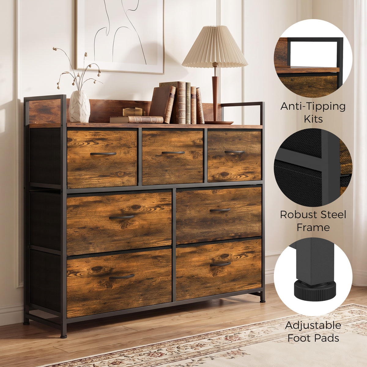 7-Drawer Fabric Chest with Raised-Edge Top Shelf - Rustic Brown & Black