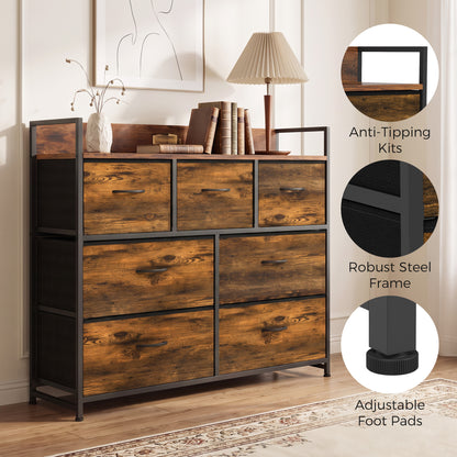 7-Drawer Fabric Chest with Raised-Edge Top Shelf - Rustic Brown & Black
