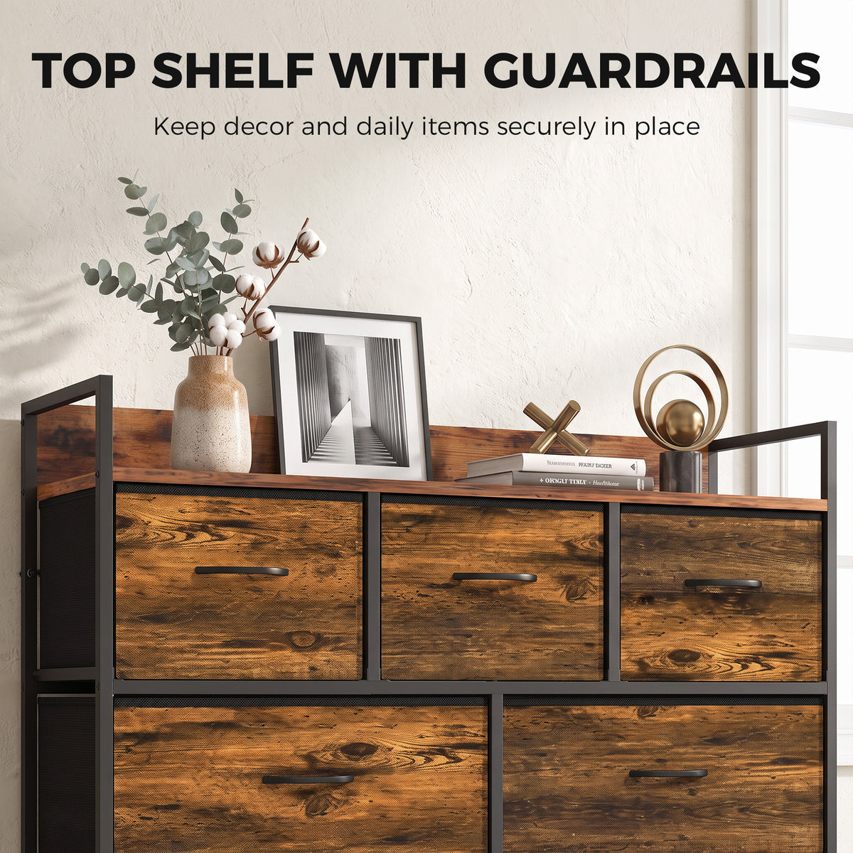7-Drawer Fabric Chest with Raised-Edge Top Shelf - Rustic Brown & Black
