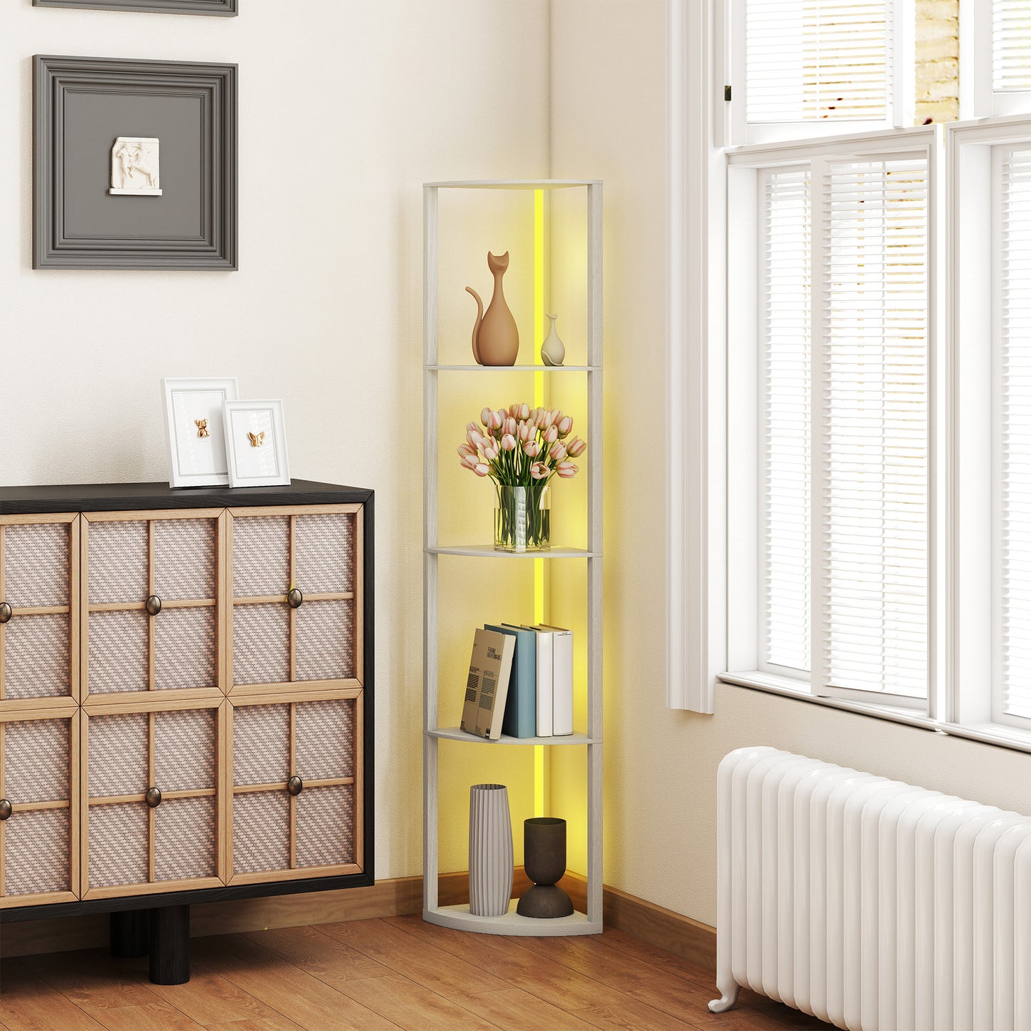 RGB LED Floor Lamp with Shelves and Remote Control for Living Room