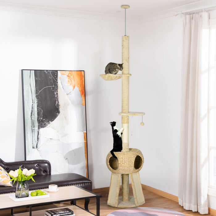 255cm Cat Tree Tower w/ Scratching Post, Cat House, Ball, Platform, Beige