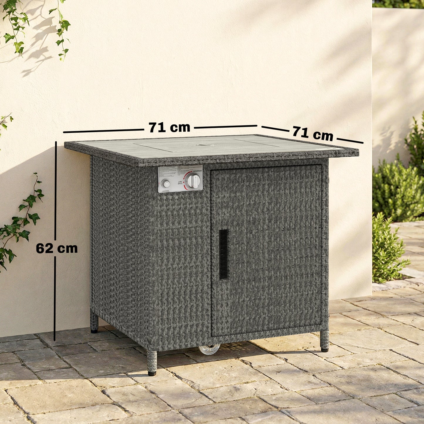 Rattan Gas Fire Pit Table with Rain Cover, Wind Guard, 14.5 KW