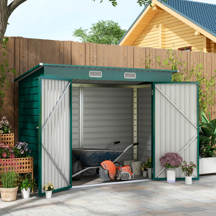 8 x 4FT Galvanised Garden Storage Shed, Metal Outdoor Shed with Double Doors and 2 Vents, Green