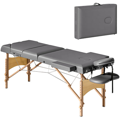 Foldable Massage Bed with Beech Wood Legs Face Cradle Armrests Grey