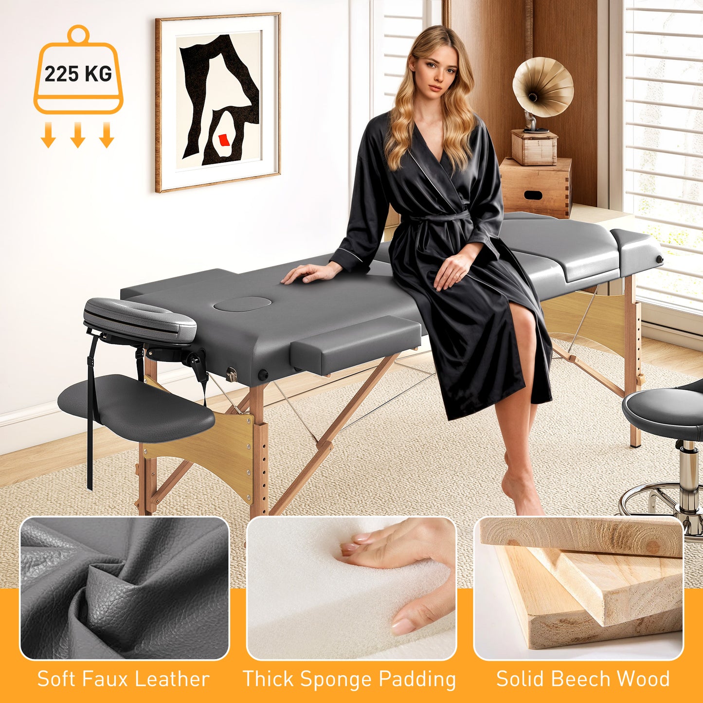 Foldable Massage Bed with Beech Wood Legs Face Cradle Armrests Grey