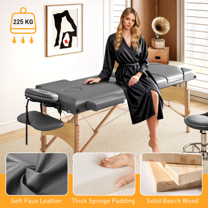 Foldable Massage Bed with Beech Wood Legs Face Cradle Armrests Grey