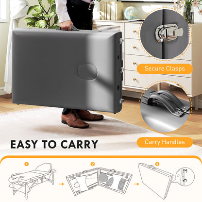 Foldable Massage Bed with Beech Wood Legs Face Cradle Armrests Grey