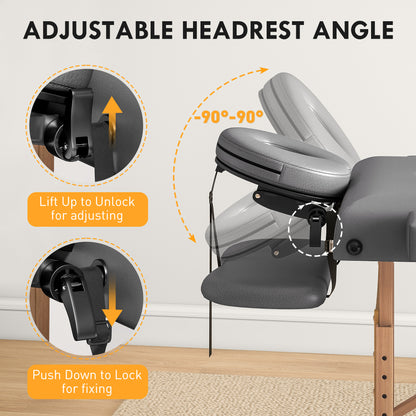 Foldable Massage Bed with Beech Wood Legs Face Cradle Armrests Grey