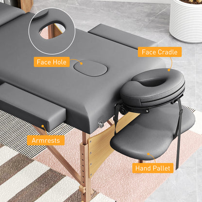 Foldable Massage Bed with Beech Wood Legs Face Cradle Armrests Grey