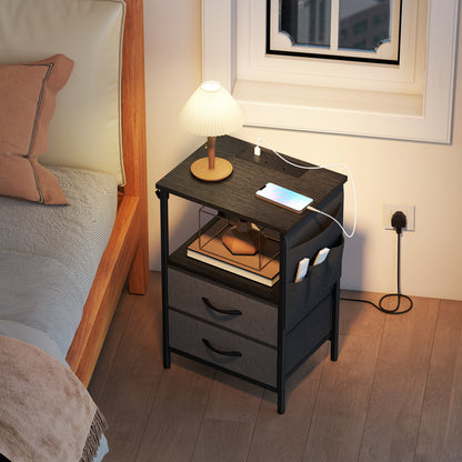 Slim Side Table with Charging Station, Bedside Table, Black