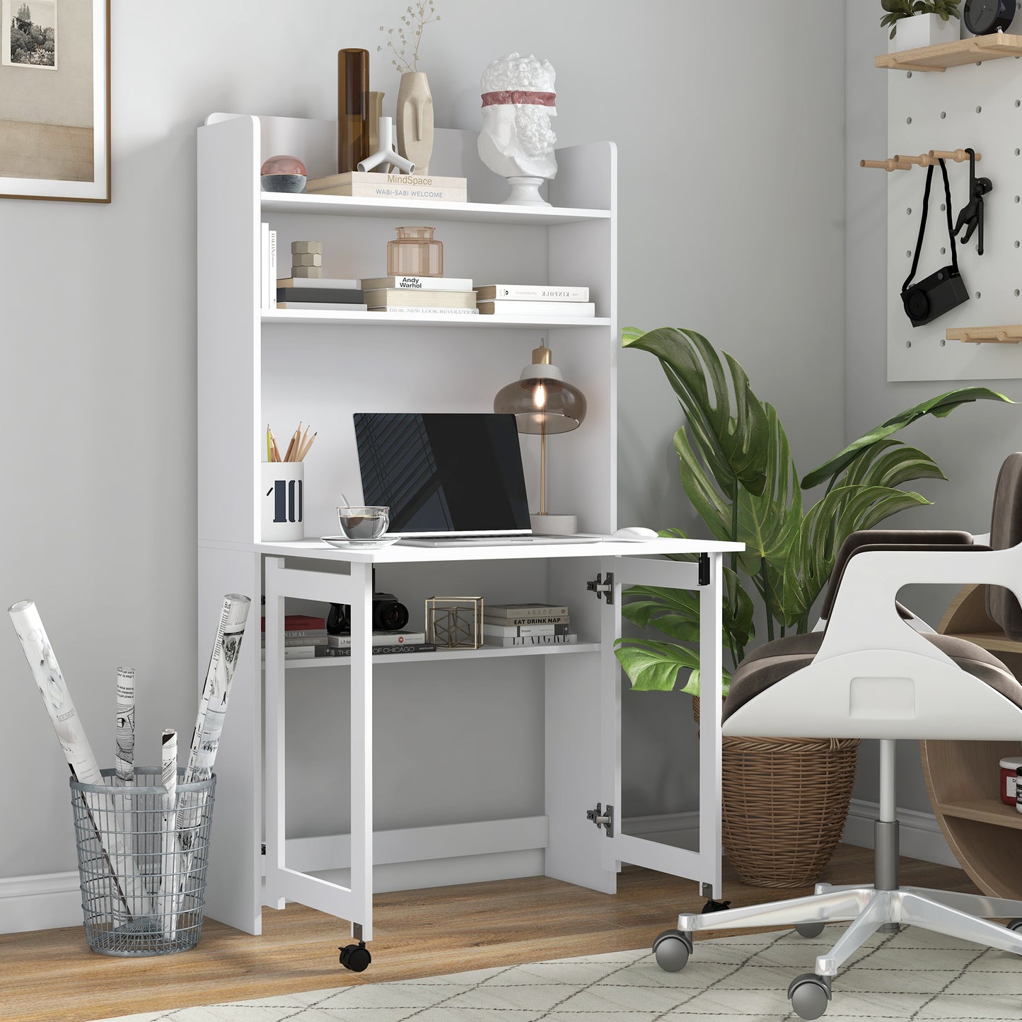 Writing Desk with Foldable Desktop for Bedroom, Home Office, White