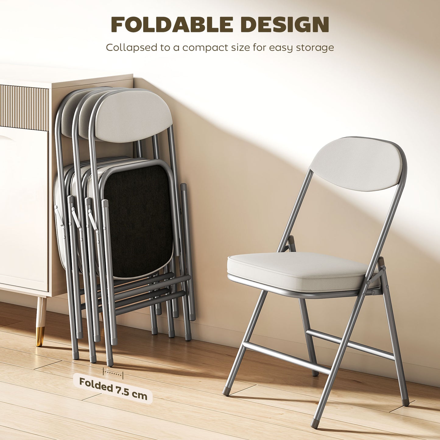 Folding Chairs Set of 4 with Cushioned Seat, Steel Frame, Off-White