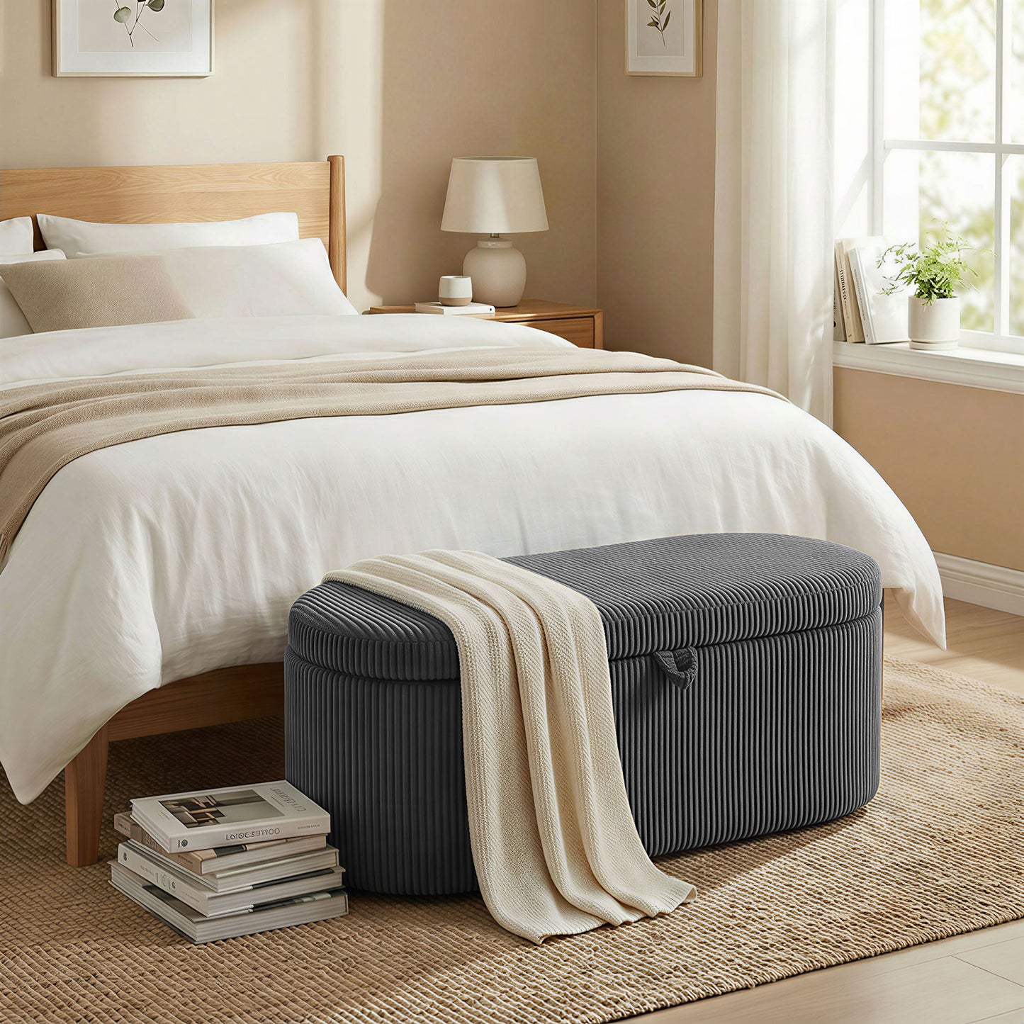 Storage Ottoman, Corduroy Ottoman Storage Box with Padded Seat