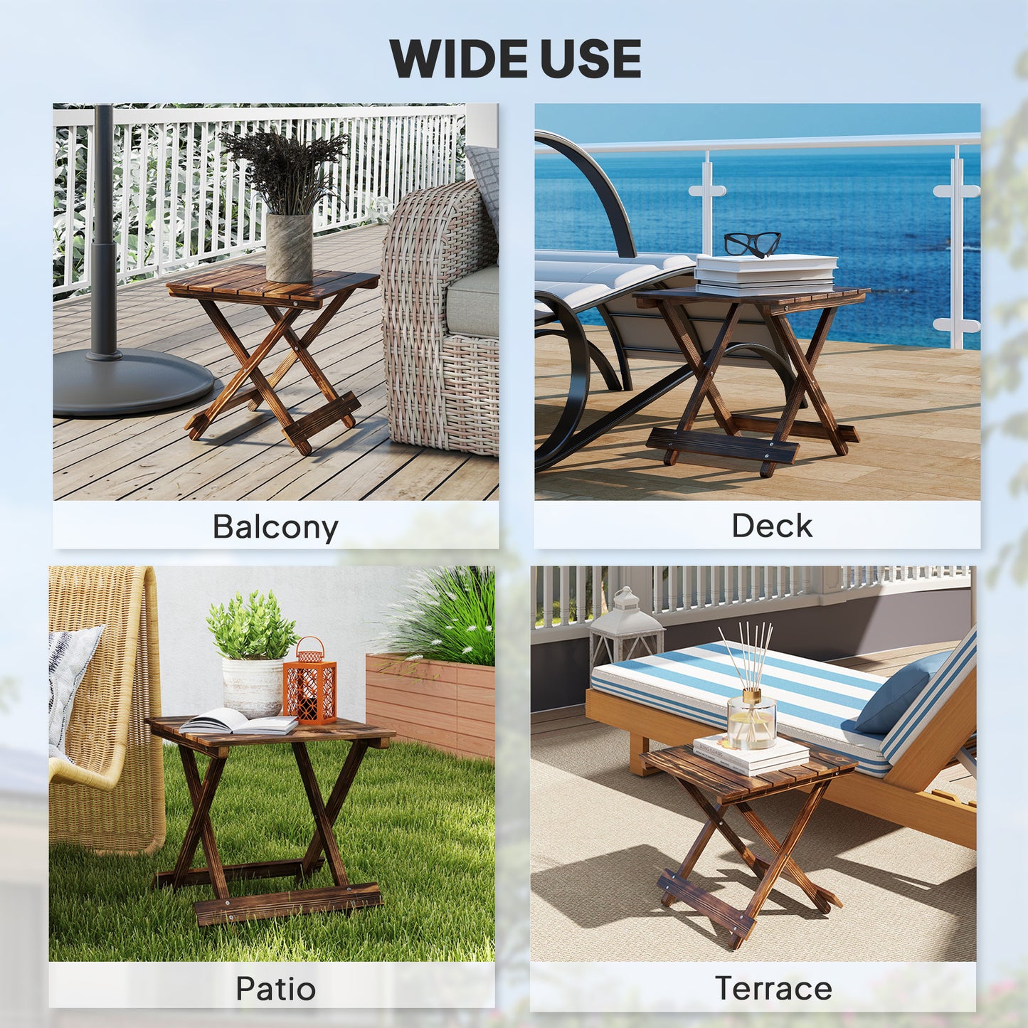 Wooden Folding Garden Table, Folding Side Table, Carbonised Finish