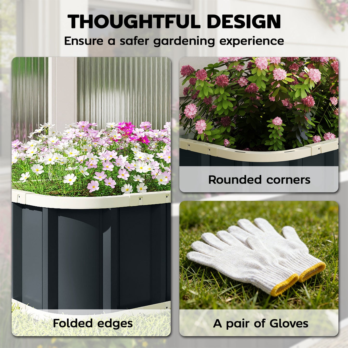 Galvanised Raised Garden Bed with Gloves, Dark Grey