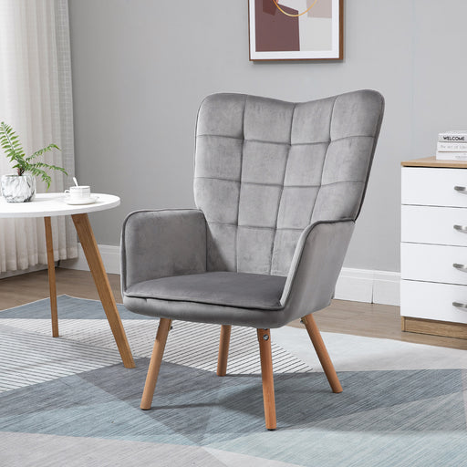 Modern Accent Chair Velvet-Touch Tufted Wingback Armchair Upholstered Leisure Lounge Sofa Club Chair with Wood Legs, Grey