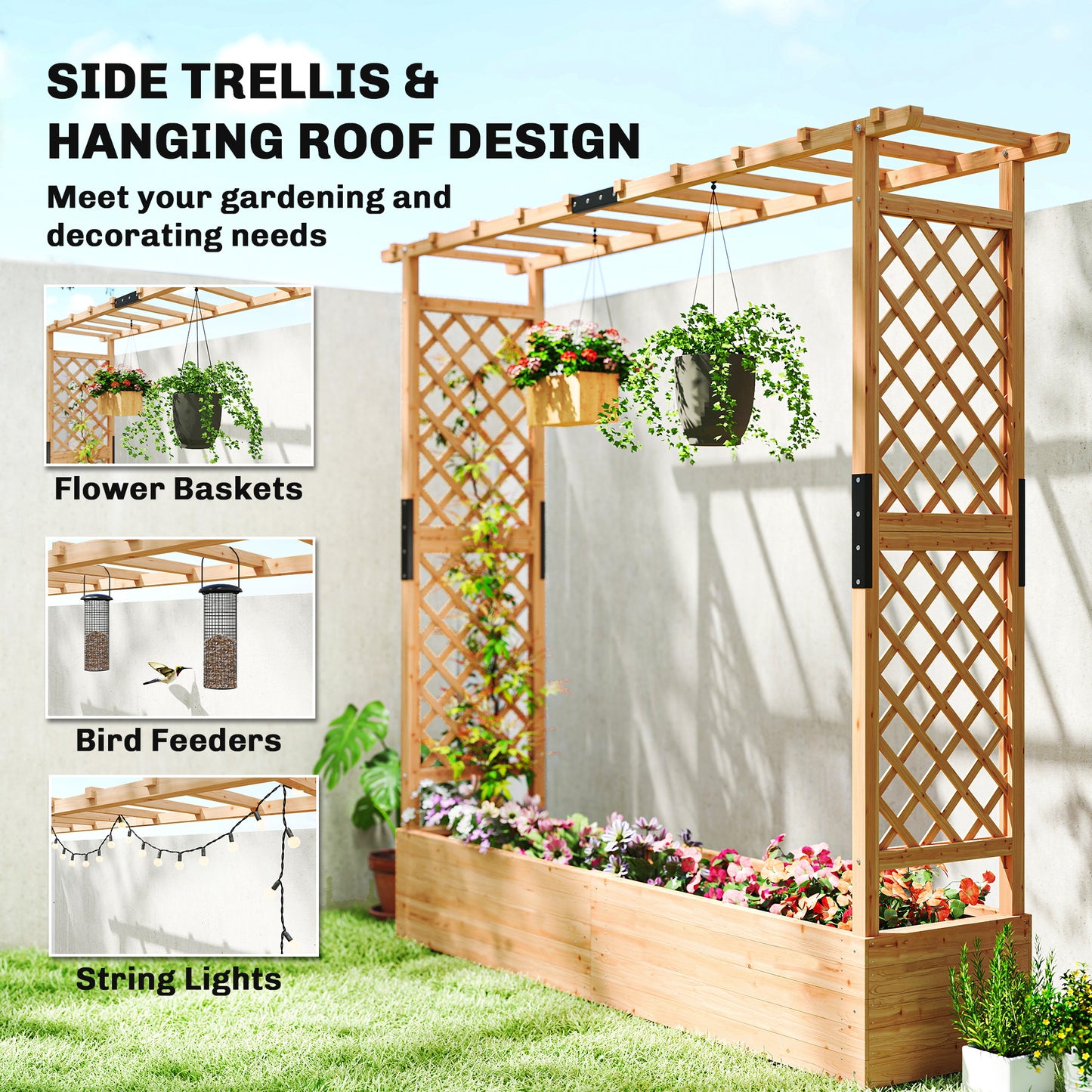 Raised Bed for Garden with Trellis, 196 x 44 x 181 cm, Natural