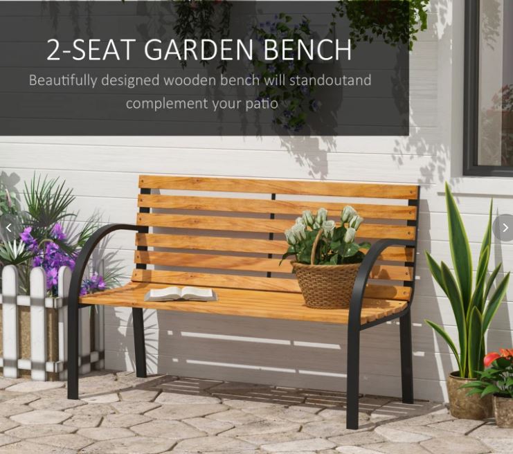 Wooden Garden Bench Park Bench 2 Seater Love Chair Outdoor Patio Porch Furniture w/ Sturdy Metal Frame