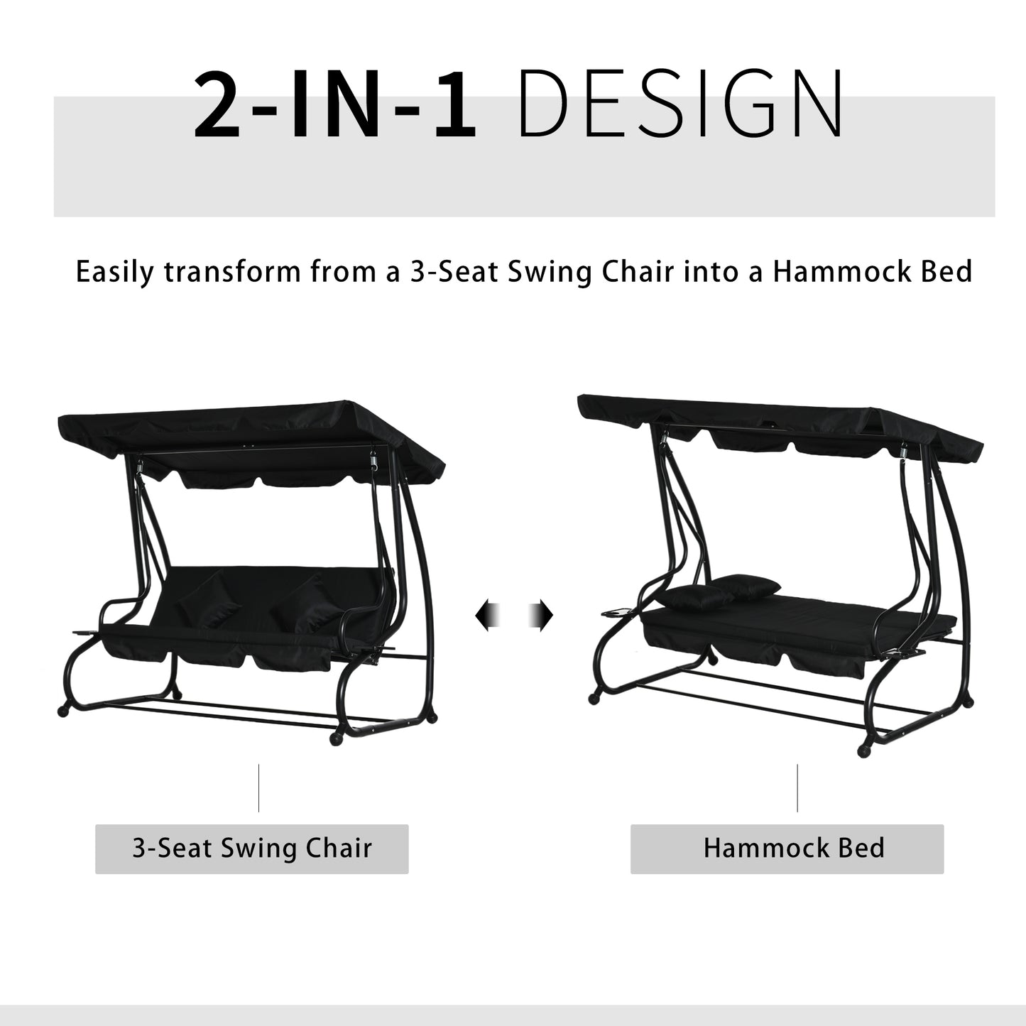 2-in-1 Garden Swing Chair for 3 Person w/ Adjustable Canopy Black