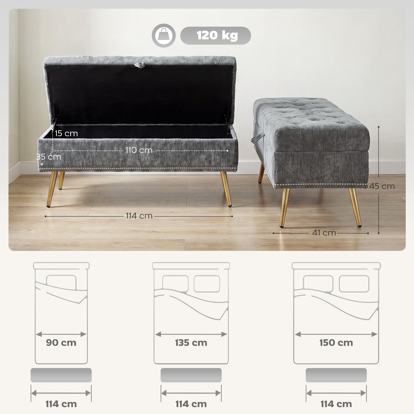 Storage Ottoman, Chenille Ottoman Storage Box, Grey