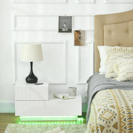 High Gloss Front Bedside Cabinets with Drawers, Nightstand with RGB LED and Remote for Bedroom Living Room White