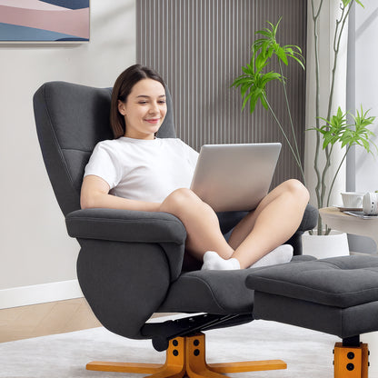 Linen Recliner Chair and Footstool Wooden Base Grey