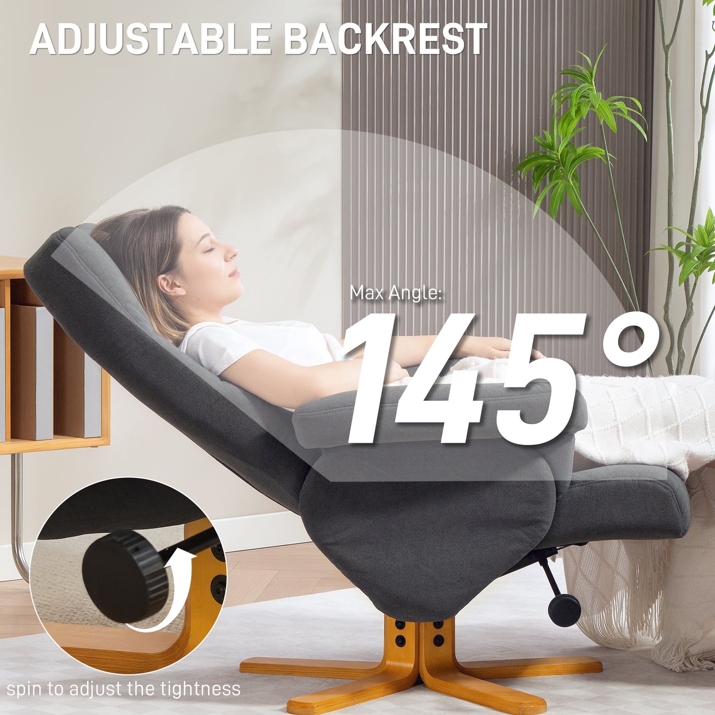 Linen Recliner Chair and Footstool Wooden Base Grey