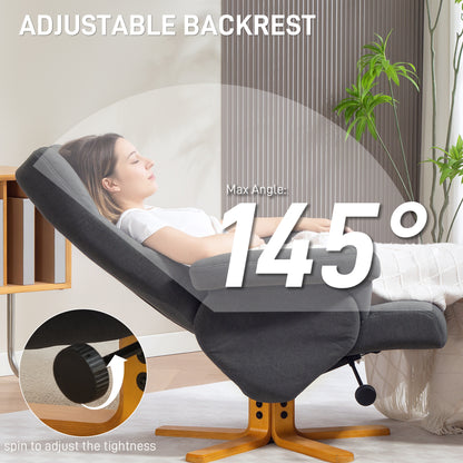 Linen Recliner Chair and Footstool Wooden Base Grey