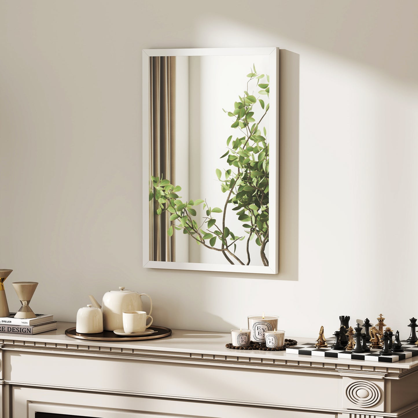Decorative Rectangular Wall Mirror, 60 x 40 cm Wall-Mounted Bathroom Mirror for Living Room, Bedroom, Hallway, White