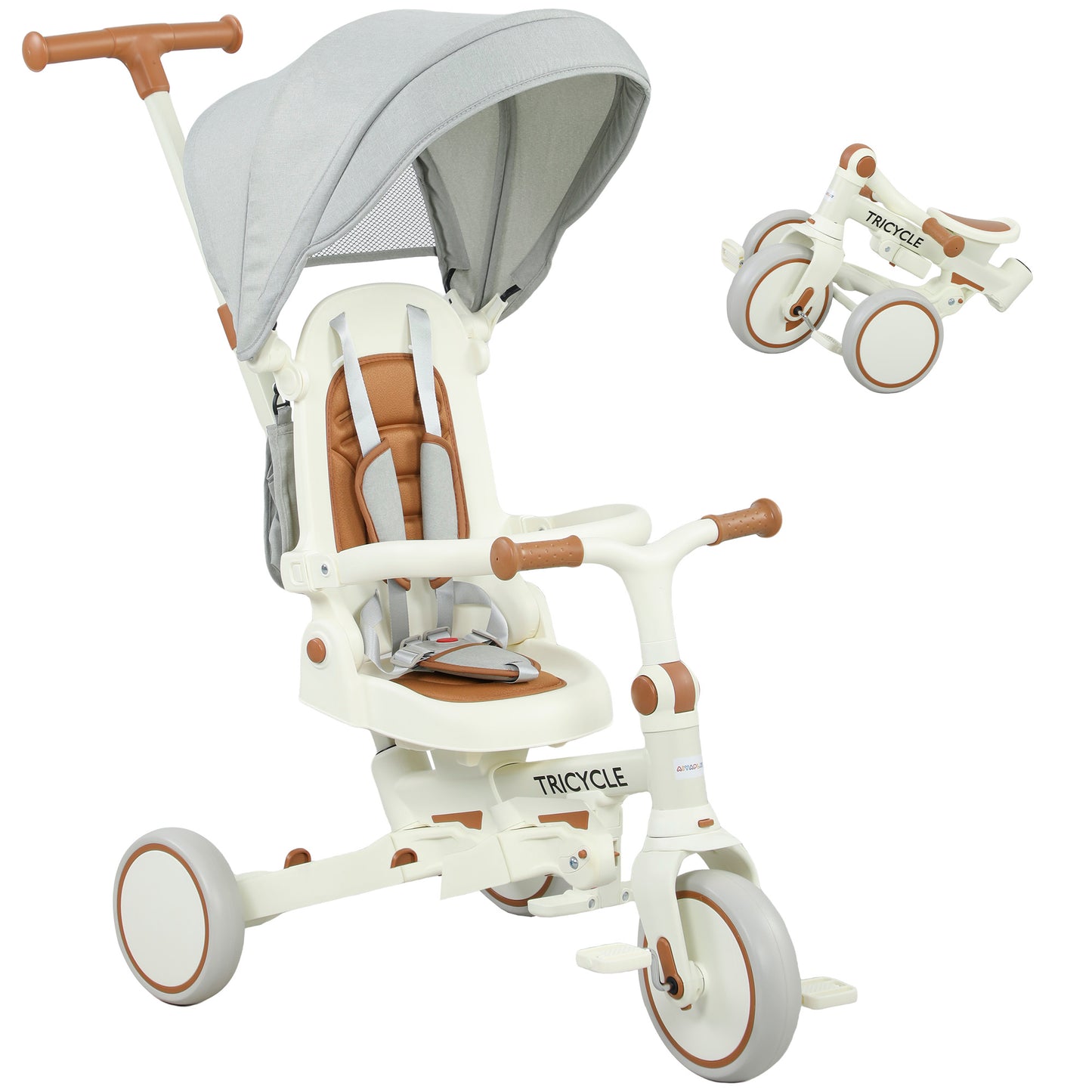 5 in 1 Foldable Kids Trike, Toddler Tricycle for 1-3 Years, Cream White