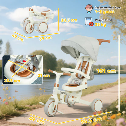 5 in 1 Foldable Kids Trike, Toddler Tricycle for 1-3 Years, Cream White