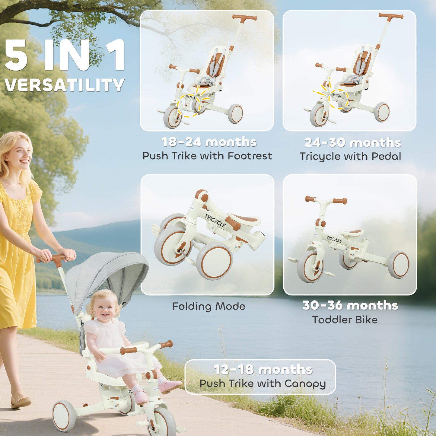 5 in 1 Foldable Kids Trike, Toddler Tricycle for 1-3 Years, Cream White