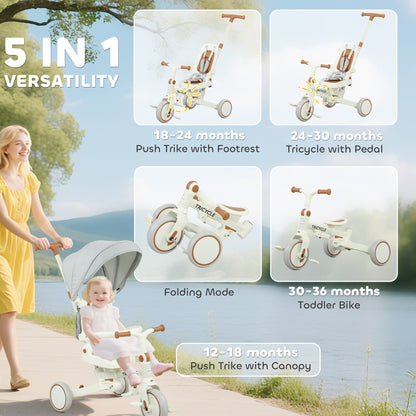 5 in 1 Foldable Kids Trike, Toddler Tricycle for 1-3 Years, Cream White
