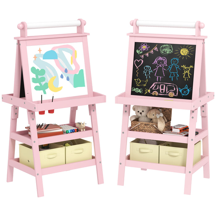 Double-Sided Art Easel for Kids w/ Paper Roll, Storage Baskets Pink