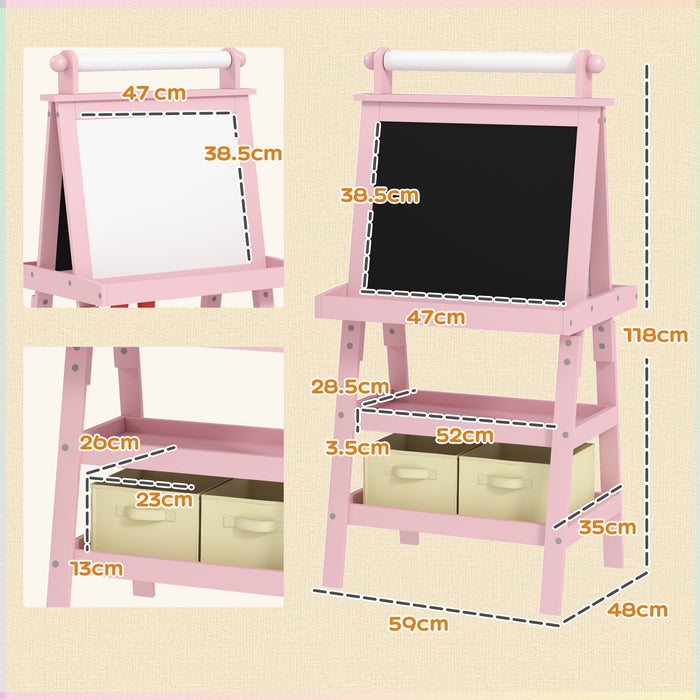 Double-Sided Art Easel for Kids w/ Paper Roll, Storage Baskets Pink