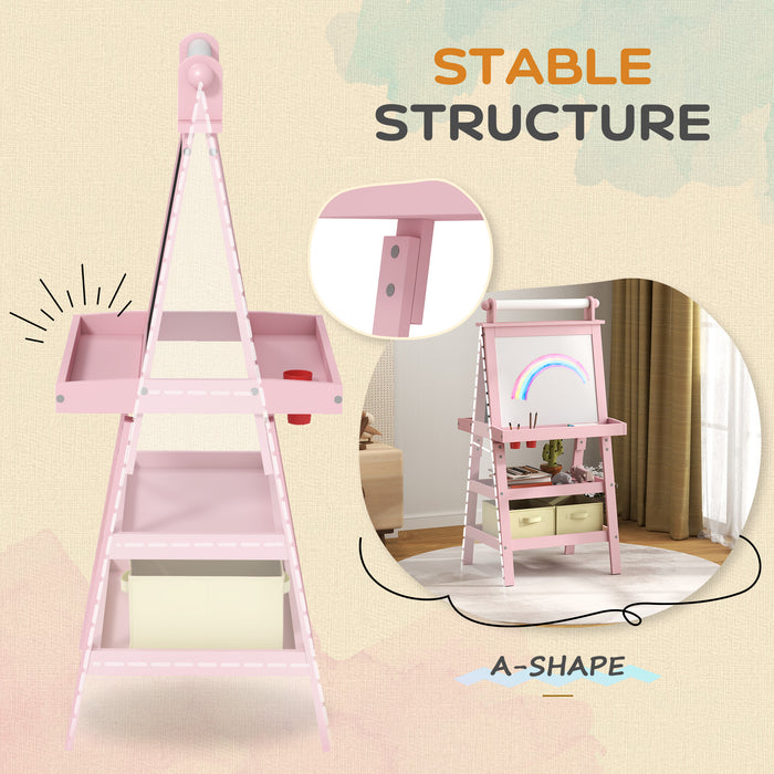 Double-Sided Art Easel for Kids w/ Paper Roll, Storage Baskets Pink