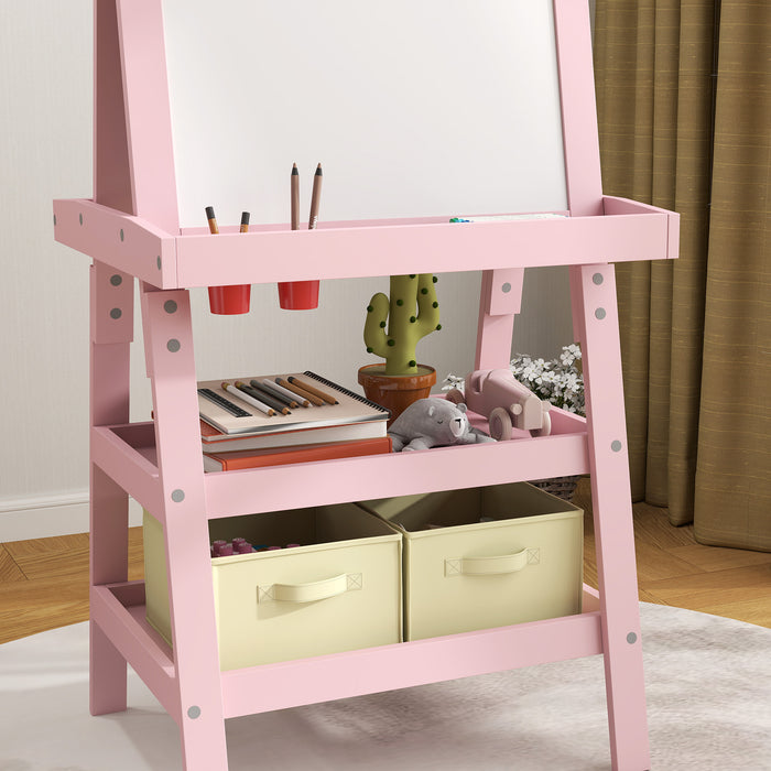 Double-Sided Art Easel for Kids w/ Paper Roll, Storage Baskets Pink