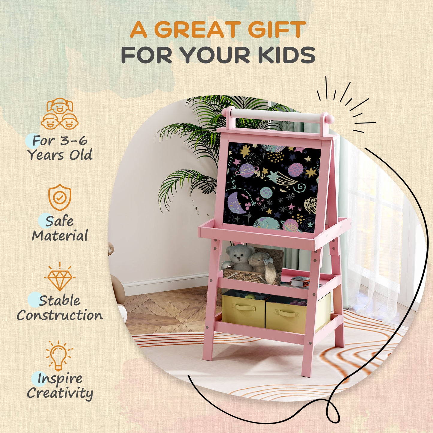 Double-Sided Art Easel for Kids w/ Paper Roll, Storage Baskets Pink
