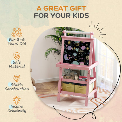 Double-Sided Art Easel for Kids w/ Paper Roll, Storage Baskets Pink