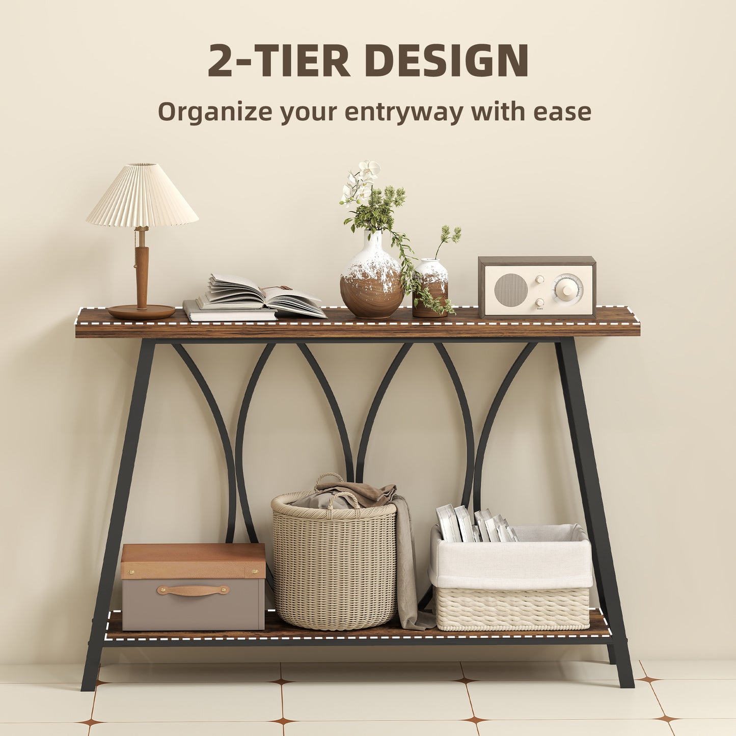 Console Table, Industrial Narrow Sofa Table with 2 Tiers, Metal Frame