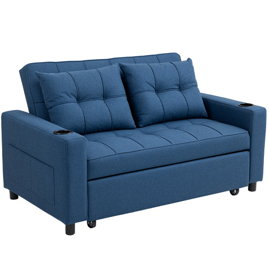 2 Seater Pull Out Sofa Bed with Pockets for Living Room Dark Blue