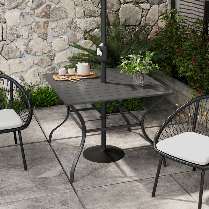 94 * 94 cm Garden Table with Parasol Hole, Outdoor Dining Garden Table for Four with Slatted Metal Plate Top, Grey