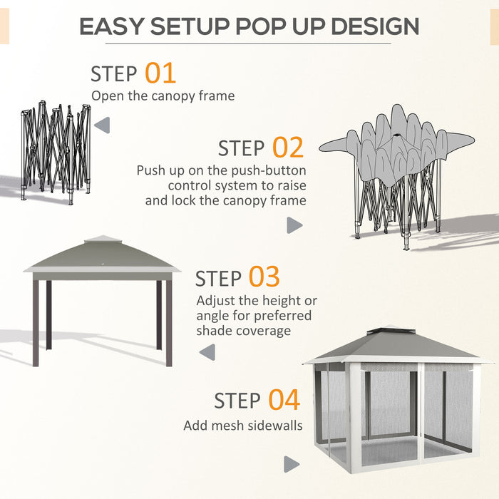 Pop Up Canopy Tent with Double Roof, Zipped Mesh Sidewalls, Carrying Bag, Height Adjustable for Patio Garden, Grey