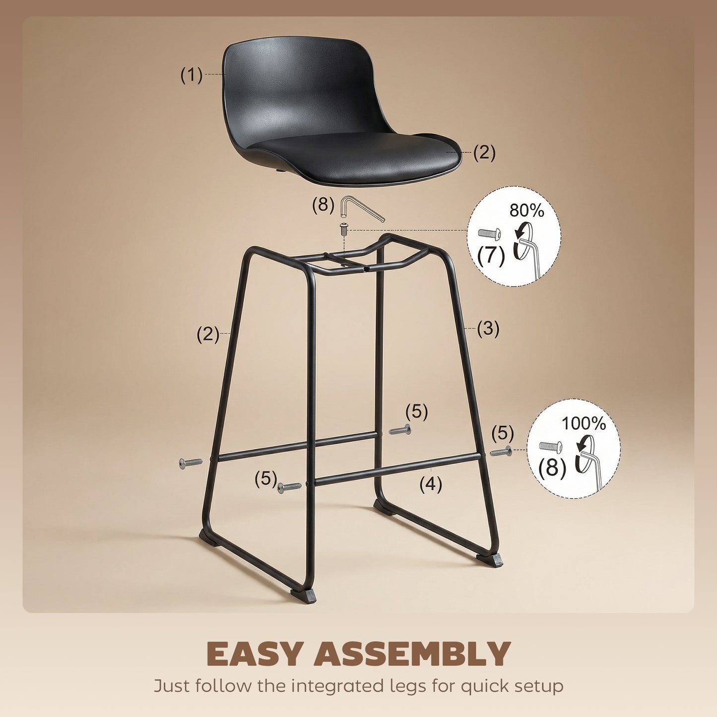 Modern Bar Stools Set of 2, PU Leather Upholstered Barstools, Black