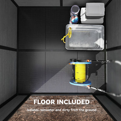 6 x 6 ft Plastic Garden Shed with Floor, Lockable Doors, Dark Grey